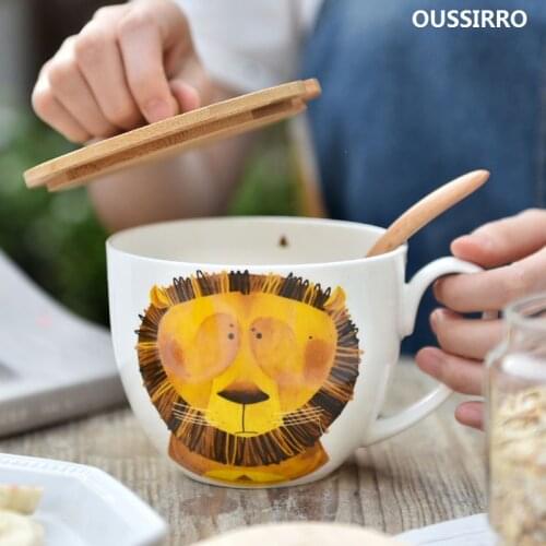 600ml Creative Ceramic Mug Animal Cover and Spoon Special Slotted Cup Breakfast bowl Mug Home Office Fancy Gift Tea Drinker
