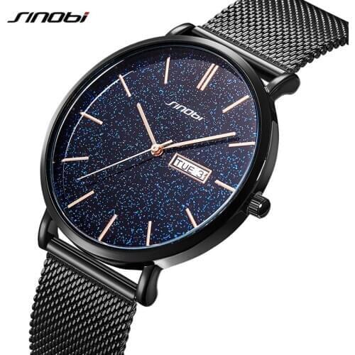 SINOBI Men Black Watch Bling Dial Quartz Fashion Stainless Steel Mesh Strap Watches Top Luxury Quartz Wristwatch Date Display