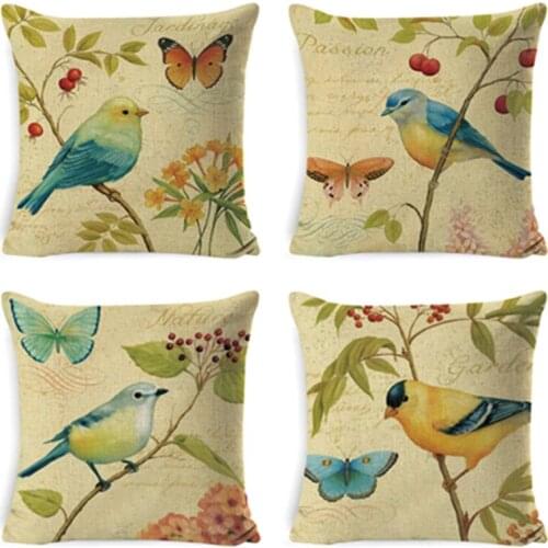 European Feather style Cushion Cover Little Fresh Bird Print Pillow Cover Linen Throw Pillowcase Car Home Sofa Decoration