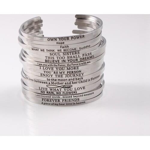 Newest Stainless Steel Engraved Positive Inspirational Quote Hand imprint Cuff Mantra Bracelet Bangles For Man Women Best Gifts