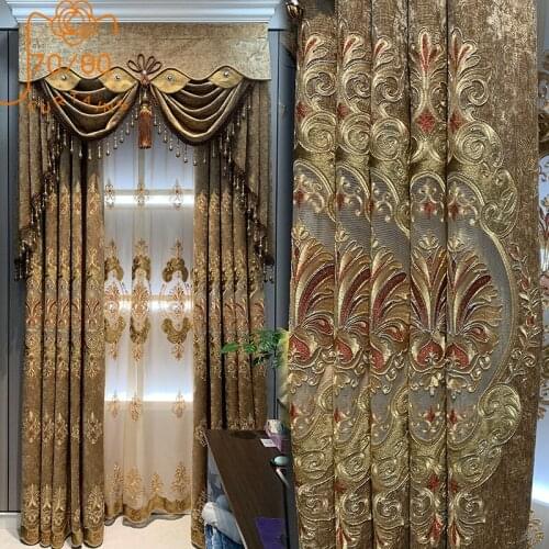 Luxury European Style Golden Coffee Color Hollow Chenille Embroidered Curtains for Living Room Customized Finished Products