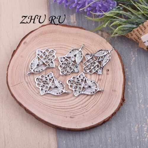 5pcs ZHU RU 25*19.6mm Rhinestone Crystal Love Hamsa Fatima Hand amulet Charms Pendants for Jewelry Making DIY Handmade