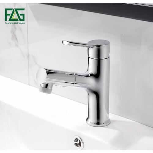 FLG Basin Faucets Pull Out Chrome Bathroom Sink Crane Copper Sink WC Mixer Taps Hot and Cold Deck Mounted Bathroom Faucet 1061