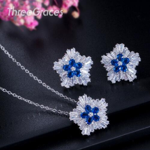ThreeGraces Noble Royal Blue Cubic Zirconia Big Star Flower Pendant Necklace Earrings for American Women Jewelry Sets JS132