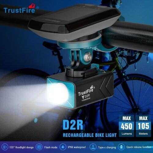 TrustFire D2R 450LM Bike Light Rechargeable Lightweight Bicycle Flashlight,Quick Release Torch, Floodlight With 1600mAh Battery