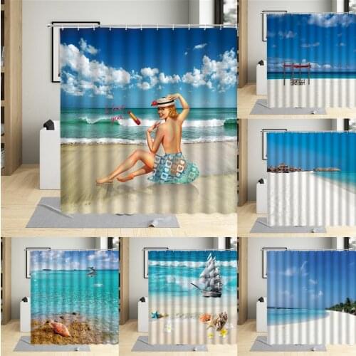 Ocean Beach Blue Sky Shower Curtains Sea Wave Hawaii Scenery Shell Starfish Home Decor Bathtub Waterproof Cloth Bath Curtain Set