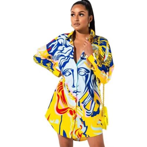 Women 2021 Fashion Ethnic Long Sleeve Button Down Female Lady Clothing Summer Casual African Blouse Shirt Tops Short Dresses