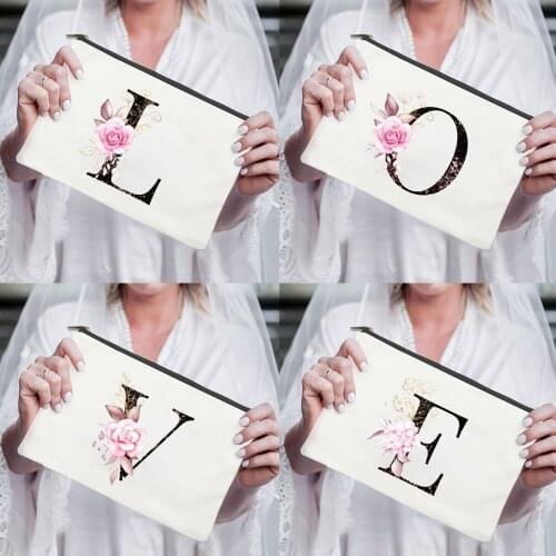 Pink Floral Rose Initials Women Wedding Cosmetic Bags Zipper Pouch Personalized Maid of Honor Gift Proposal Party Makeup Bag