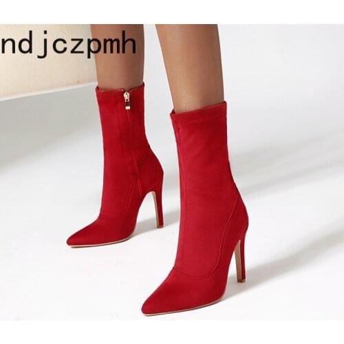 Womens Boots Winter New Fashion Pointed Zipper Fine Heel High Heel Middle Tube Womens Shoes Plus Size 32-48 Heel Height 11cm