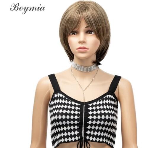 Lady Short fluffy Ombre Brown Blonde Synthetic Wigs With Bangs for Women bobo Hairstyle Cosplay Natural Hair Wigs