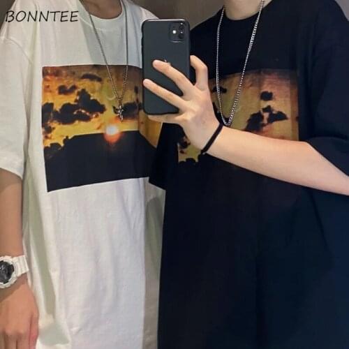 T-shirts Women Fashion Korean Style Loose Sunset Natural Scenery Tops Couples All-match Cool Girls Streetwear Bf Ulzzang Gothic