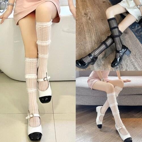 Women Summer Thin Silky Knee High Socks Japanese Lolita 3 Tiered Ruffles Lace Glitter Striped Harajuku Mesh Stockings