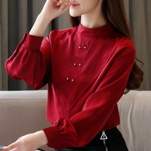 Womens Tops And Blouses Stand Collar Red Chiffon Blouse Shirt Women Tops Blusas Mujer De Moda 2021 Long Sleeve Blouse Women C544
