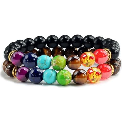 2pcs/set Natural Stone Black Lava Tiger Eye 7 Chakra Beads Bracelet Charm Couple Distance Strand Reiki Buddha Bracelets&Bangles