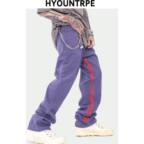 Mens Jeans Hip Hop Letters Embroidery Denim Jeans High Street New Casual Loose Straight Zipper Joggers Hip Hop Streetwear Pants