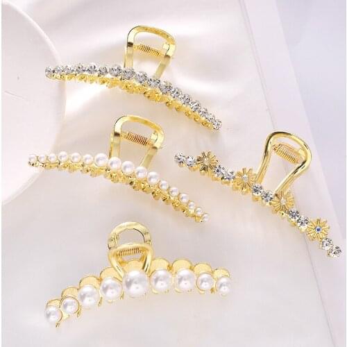 Hot Selling New Fashion Luxury Metal Alloy Hair Shark Claw Crystal Rhinestone Pearl Hair Clips For Women