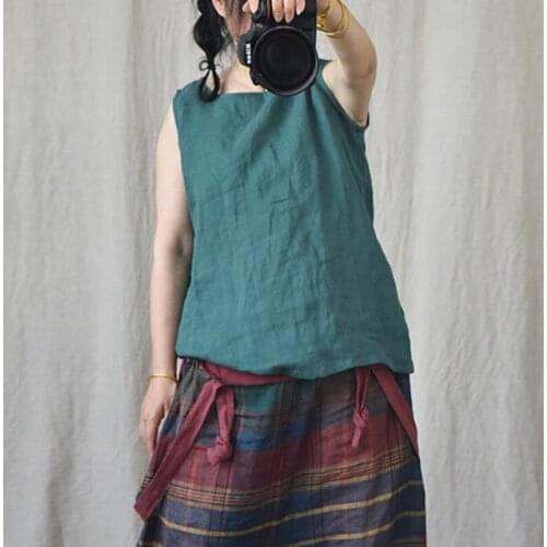 Johnature Women Ramie Vest O-Neck Sleeveless Casual Tops 2021 Summer New Solid Color Loose Comfortable Vintage Soft Vest