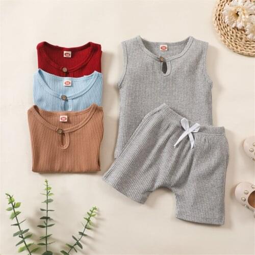 Children Kids Baby Two Piece Outfits Solid Ribbed Sleeveless O Neck Tops Shorts Summer Infant Toddler Casual Clothing Set 18M-6T