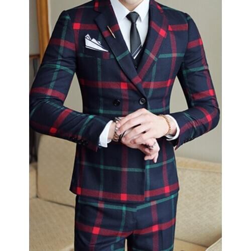 Red Plaid For (Jacket +Vest+Pant) 2020 New Party Wedding Suits Men Costume Mariage Homme Check Male Suit British Style