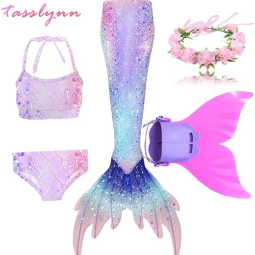 2021 Kids Girls Swimming Mermaid Tail Costume Cosplay Children Rainbow Swimsuit Fantasy Beach Bikini Monofin Fin Princess Dress