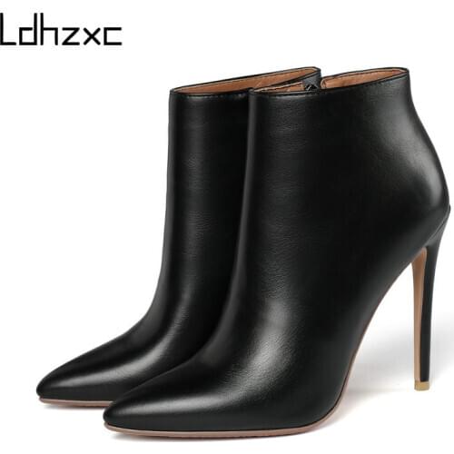 LDHZXC Big Size 33-43 Winter Ankle Boots Stiletto High Heels Pointed Toe Ladies Shoes Fashion Black Red Beige Color Women Boots
