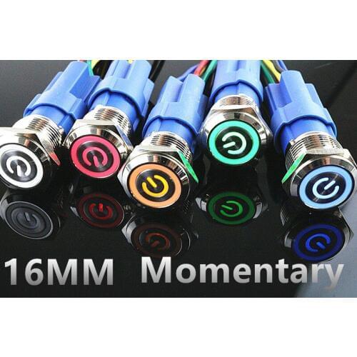 Metal push button switch with light 16mm flat head self-reset Momentary Push Button waterproof red green white blue