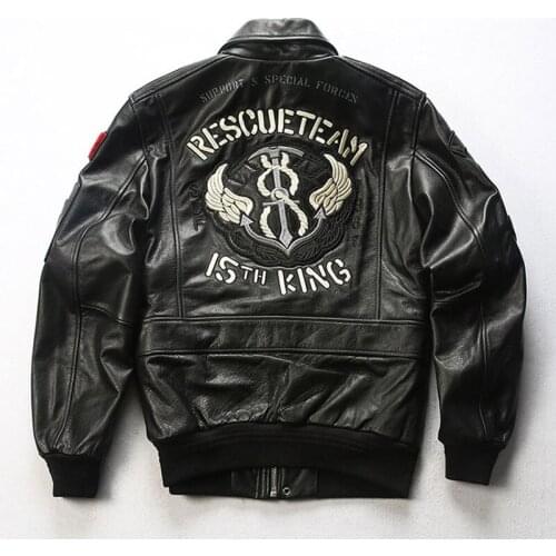 Mens Genuine Leather Jacket Embroidered Cowhide Coat Flight Jackets Military Pilot Spring and Autumn Leather Jacket