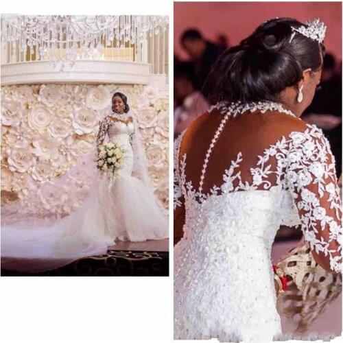 Sexy New Mermaid Wedding Dresses Elegant Long Sleeve Appliqued Lace with Tulle Bride Dress Illusion Wedding Gowns robe de mariee