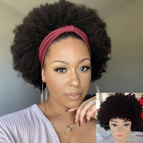 10inch 180% Density Afro Kinky Curly Headband Wig Human Hair For Women 4b 4c Afro Curly Machine Made None Lace Human Hair Wig