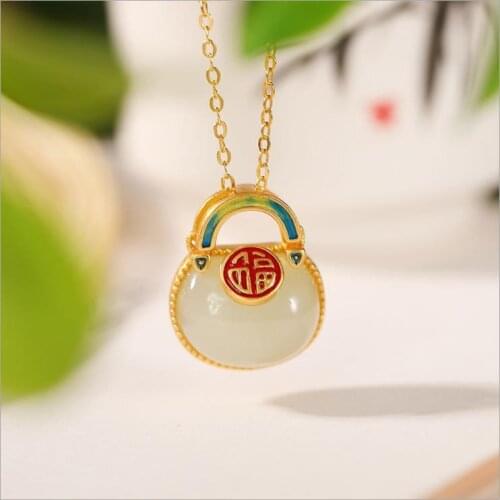 S925 Sterling Silver Gold Plated Hetian Jade Fu Character Money Bag Pendant Exquisite Cloisonne Jade Lock of Good Wishes Necklac