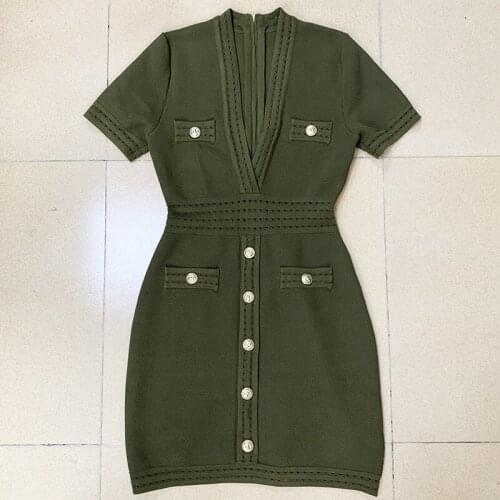 New Spring / Summer 2021 High Quality Sexy Deep V-neck Temperament Lion Button Short Sleeve Knit Hip Dress O06