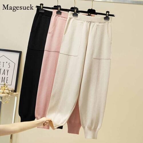 Knitted Womens Autumn and Winter High Waist Drape Straight Loose Pants Harem Pants Pockets Solid Casual Trousers Pantalon 11790