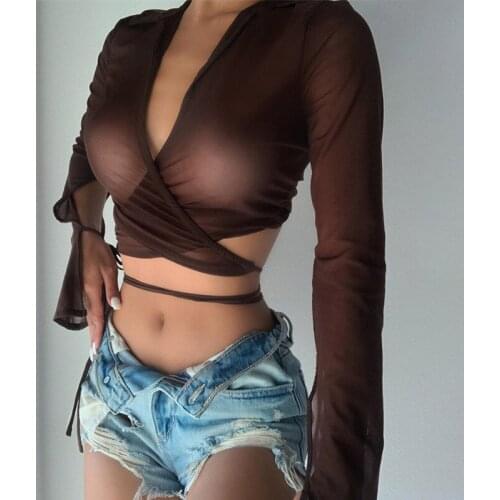 Dourbesty Sexy See Through Mesh T-Shirts Autumn Women Lapel Flared Long Sleeve Tie Up Bandage Base Crop Tops Vintage Streetwear