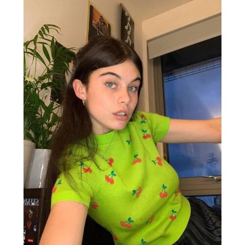 Women Summer Knit Ribbed Print Pattern T-shirt 2021 Crew Neck Short Sleeve Crop Top Cute Streetwear T-Shirt Top S-L