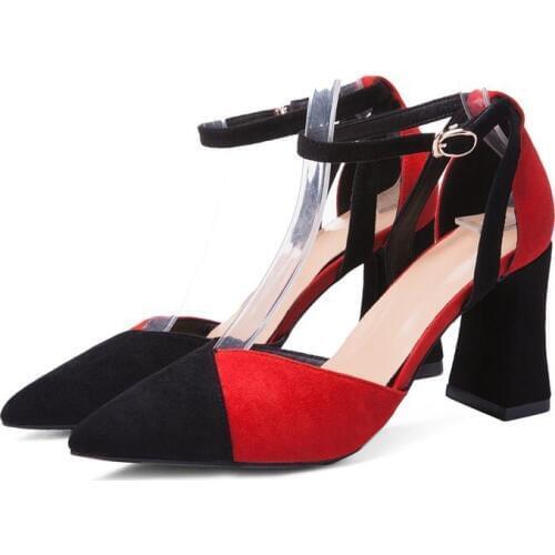 2019 summer new style wild pointed high heels suede shallow mouth thick with hollow womens shoes word buckle color sandals