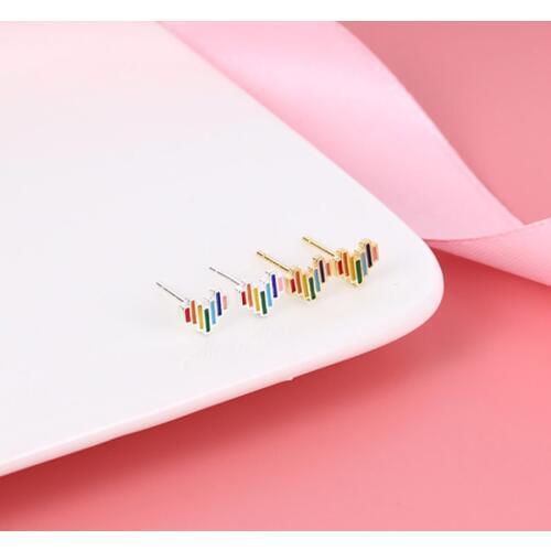 Hot Sale Romantic Rainbow Enamel Valentine Heart Stud Earrings For Women Statement Korean 925 Sterling Silver Gold Earring Party Gifts Fashion Jewelry Accessories