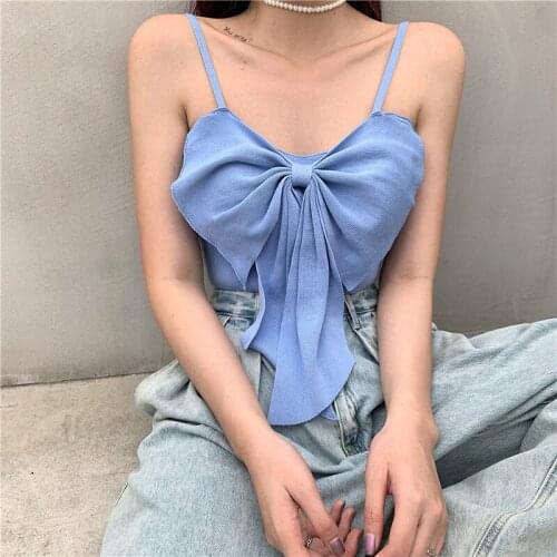Women Bow Sashes Solid Crop Top Vest Square Collar Sleeveless Half Sleeve Backless Cropped Feminino Tank Top