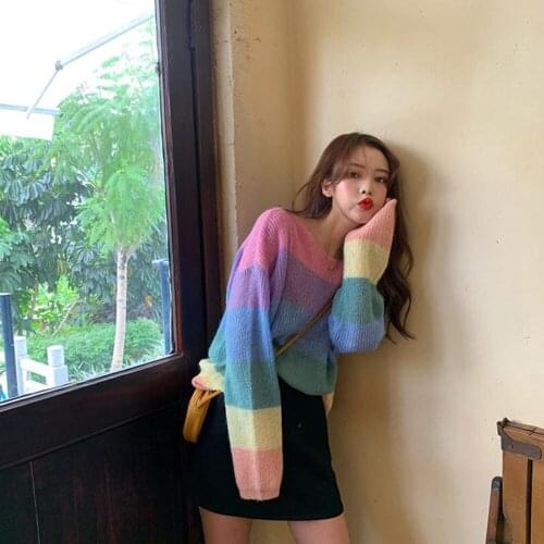 Women All-match Spring And Autumn New Korean Style Japanese Kawaii Rainbow Striped Sweet Knit Sweater Loose Casual Pullover Top