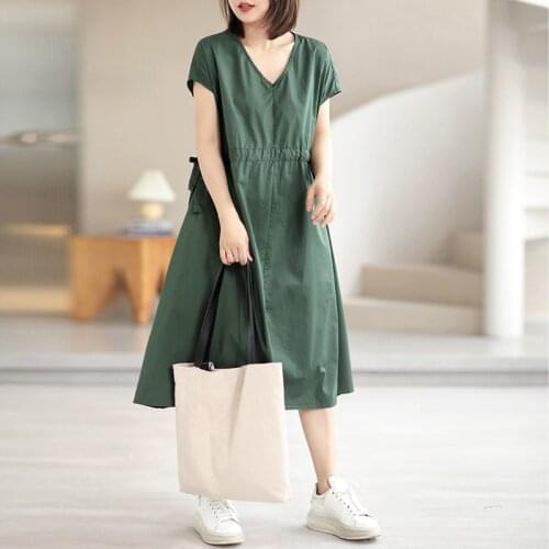 Johnature Women Cotton Dress V-Neck Short Sleeve Waist Drawstring Clothes 2021 Summer New Solid Color Loose Korean Style Dresses