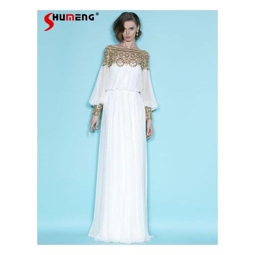 Palace Style Temperament Long Sleeve Beaded Chiffon White Dress 2021 Summer Diamond-encrusted Mopping Long Lace Women Dress