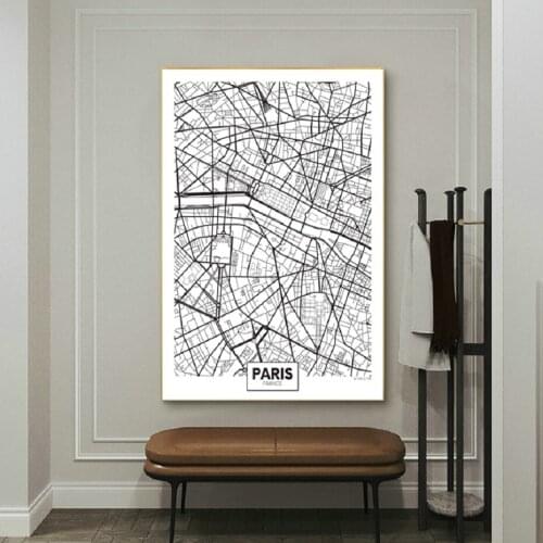 Famous City Map France Paris Printed Canvas Painting Wall Art Pictures Black White Posters and Prints for Living Room Home Decor