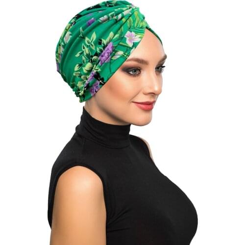 100 cotton-Seedlings Patterned-Cross Combed Cotton Flower Motif-Green Ready Turban Hijab Pool Cap-Four seasons Use Uydundur
