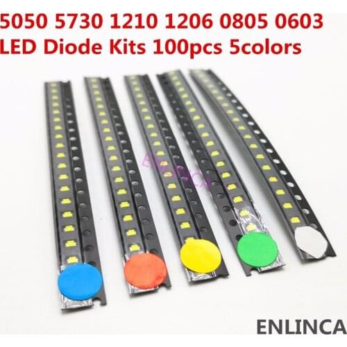 100pcs 5colors x 20pcs 5050 5730 1210 1206 0805 0603 LED Diode Assortment SMD LED Diode Kit white red blue yellow green