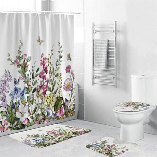 4Pcs/Set Shower Curtain 180*180cm Non-Slip Rug Toilet Lid Cover Bath Mat for Bathroom