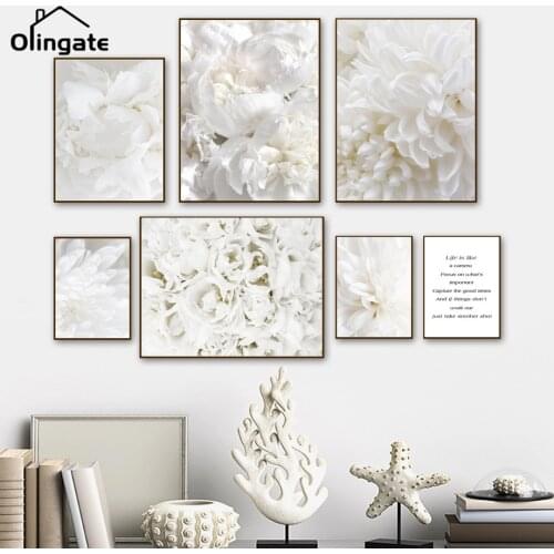 White Romantic Flower Canvas Painting Rose Peony Elegant One Piece Living Room Wall Canvas Art Poster Garden Home Decoration