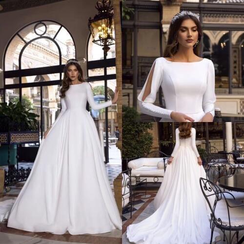 White A-Line Wedding Dress Stain Long Sleeve Princesses Bridal Gowns with button Back Bridal Dresses 2019 Court Train