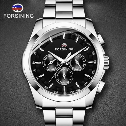 Forsining Black Mens Mechanical Watch Calendar Automatic Self-Wind Clock Business Sport Stainless Steel Belts Wristwatch