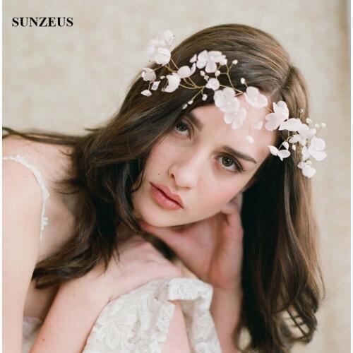 Hand-made Flowers Bridal Headband Pearls Hair Sash Gold Head Chain Wedding Accessory SQ0197