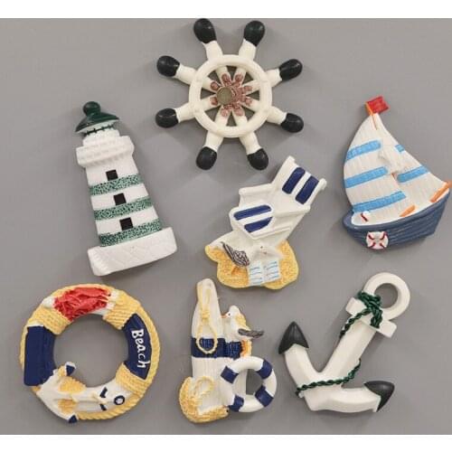 1 Pcs Marine Style Decorative Refrigerator Stickers Sailing Lighthouse Creative Resin Three-dimensional Magnetic Stickers