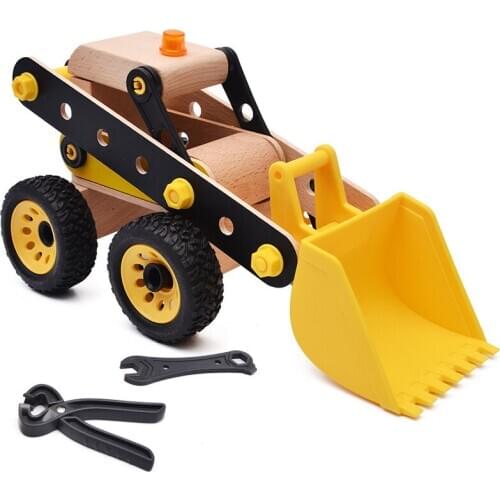 Wood toy 3D assembling excavator model Cartoon Car Model Wheel Can Push Creative Assembly Wooden Puzzle Learning Toys Gifts